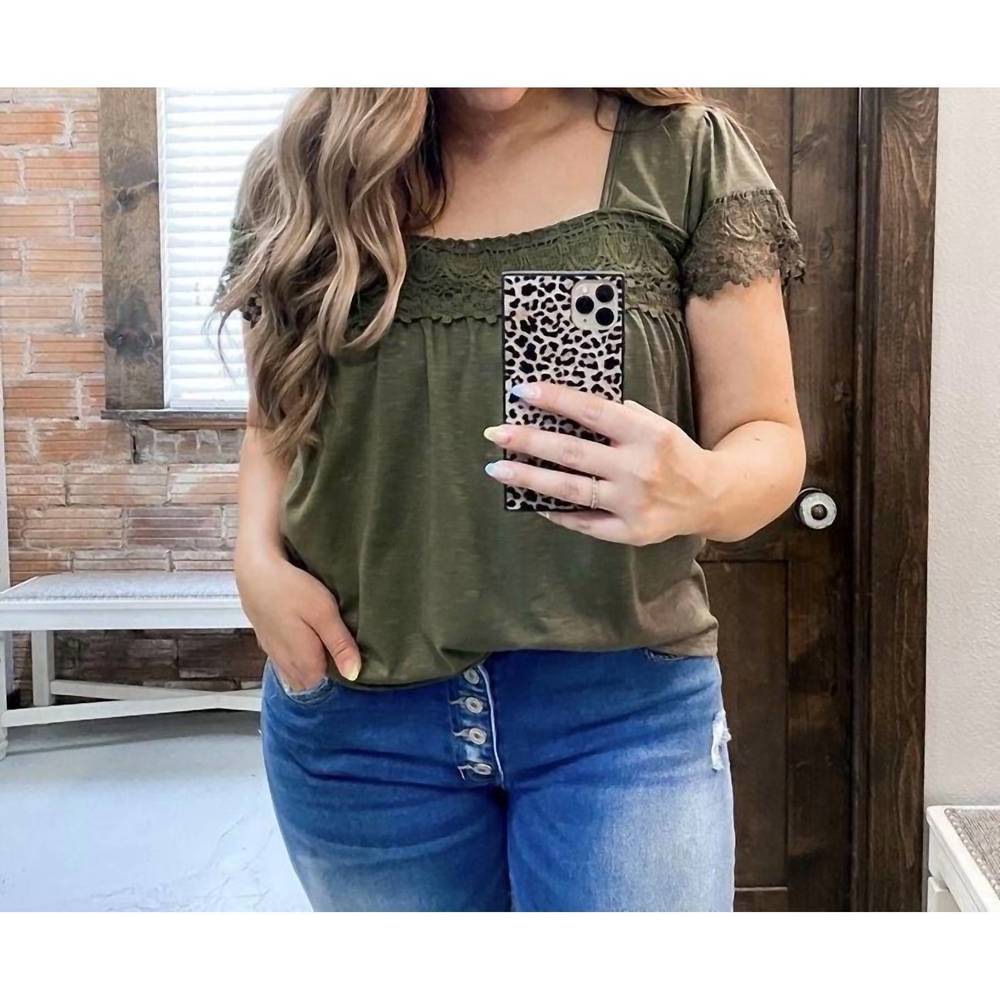 NEW SHEWIN square neck lace patchwork top in dark green